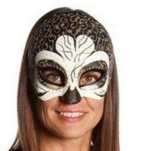 Masquerade Mask Halloween Mardi Gras White & Gold Half Cat Eye Ceramic